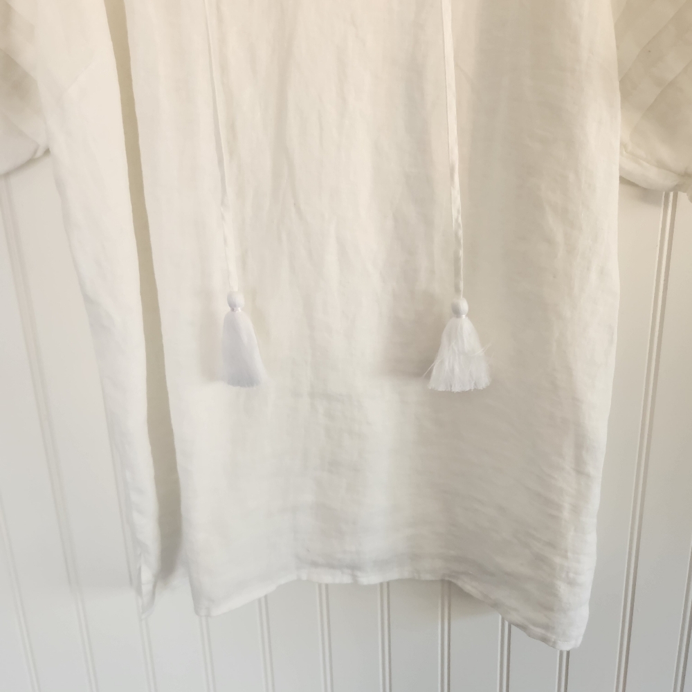 TALBOTS White 100% Linen Euro Summer Cottagecore Puff Sleeve Blouse Top Medium - Picture 3 of 6